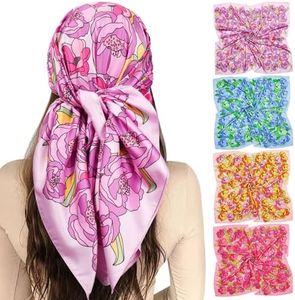Molans 35” Satin Large Square Hair Scarves, 4pcs Silk Head Scarf Bandanas for Women,Silk Head Wraps for Sleeping(Moutan)