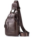 BULLCAPTAIN Genuine Leather Men Sling Backpack Multi Pocket Crossbody Chest Bags Travel Hiking Daypack, Brown, 11.01"x6.29"x2.36"