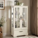 CKEASEAN Curio Cabinet 47" H Vintage Glass Display Cabinet with 3-Tier Adjustable Glass Shelves, Acrylic Mirrored Back Pane, Light Blub Included, China Cabinet for Living Room (White)