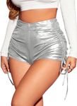 OYOANGLE Women's Metallic Drawstring Side Ruched Mini Shorts Party Clubwear Short Leggings Silver Small