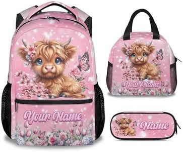 Mercuryelf Personalized Backpack for Girls Highland Cow 3PCS Kids Backpack Set with Lunch Bag & Pencil Case, 17 Inch School Bookbag for Elementary Kindergarten