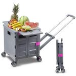 The Fellie 55L & 40KG Trolley Box Cart with 4 Rotate Wheels, Folding Shopping Cart Trolley with Flat Pull Labour-saving Handle, Boot Cart with Magnetic Lid for Shopping Camping Laundry(Grey)