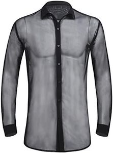 YiZYiF Mens See Through Sexy Mesh Long Sleeve T Shirt Button Up Shirt Tops Clubwear Black Large