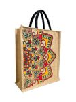 Jute Club - Eco Friendly Jute fabric Unique printed Bag ideal for Tiffin Grocery Fruits Vegetable with Hard Grip Handle, Big Reusable Heavy Quality Bag with Zipper for Men Women (Pack of 2, Mandala)