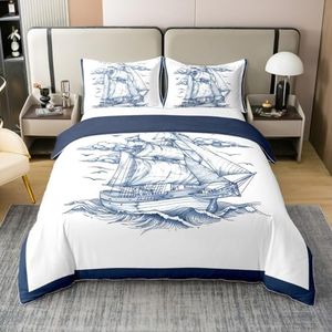 jejeloiu Nautical Duvet Cover 100% Cotton King Size Sailboat Bedding Set for Boys Girls Ocean Themed Comforter Cover Bedroom Decor 3Pcs Zipper Closure with 2 Pillowcases