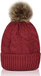 Whiteleopard Kid Beanie Hats Lining Pom Pom for Children -Slouchy Cable Knit Toddler Skull Hat Baby Ski Cap for Girls Boys Red