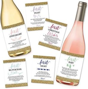6 Wedding Milestones Gift Wine Bottle Labels or Sticker Covers, Bridal Shower, Bachelorette Engagement Party Present, Perfect Best Registry For Bride To Be, Firsts For The Newlywed Couple Basket Ideas