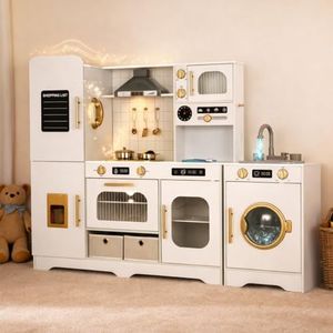 Kiddokidz Interactive Wooden Play Kitchen for Kids, Extra-Large Indoor Toy Kitchen Set with Storage, Running Water Sink, Light & Sound Range Hood, Ice Maker & Washing Machine, Nordic White