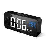 HOMVILLA Digital Alarm Clock with Big LED Temperature Display, Portable Mirror Alarm with Dual Alarm Snooze Time 4 Levels Adjustable Brightness Dimmer 10 Music USB Charging Port for Bedside, Bedroom
