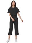 Leriya Fashion Women Co Ord Set | Ribbed Pajama Set | Casual Wear Pant Top Set | Fancy Co-Ord Set | Pack of 2 | Drop Shoulder Knit Top & Capris Pants Set | Full Pair Set | (Large, Black)