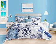 Nautical Beach Bedspreads Navy Blue Ocean Coastal Coverlet Sets Summer Comforter Set for All Season Quilt King Size with 2 Shams Turtle Coral Coastal Bedding