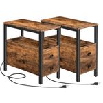 HOOBRO Set of 2 End Tables with Charging Station, Narrow Side Table with 2 Drawer & USB Ports & Power Outlets, Nightstand for Small Spaces, or Living Room, Bedroom, Rustic Brown BF541BZP201