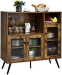 Giantex Industrial Buffet Sideboard, Serving Storage Cupboard w/Open Compartments, Cabinets & Tempered Glass Doors, Freestanding Floor Cabinet w/Anti-toppling Device for Kitchen Living Room