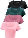 Kole Meego Cotton Crop Tops for Women Workout Shirts Trendy Gym Tops High Neck Summer Cropped T Shirts 4 Pack Black Green Rose Pink L