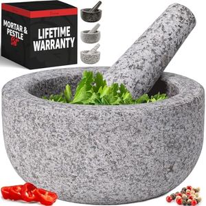 Heavy Duty Small Mortar and Pestle Set, Hand Carved from Natural Granite, Make Fresh Guacamole, Salsa, Pesto, Stone Grinder Bowl, Herb Crusher, Spice Grinder, 5.5" Wide, 1.5 Cup, Grey