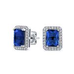 3.5CT Emerald Cut Royal Blue Cubic Zirconia Simulated Sapphire CZ Halo Stud Earrings For Women Rhodium Sterling Silver