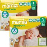 ALDI Mamia Newborn Nappies, Size 1, 2 x Packs of 24 (48 Nappies)