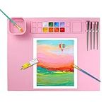 Queceuy Silicone Painting Mat，20"X16"Silicone Art mat with 1 Water Cup ，Handmade erasable Washable，for Resin, DIY, Clay, Play Doh Silicone Drawing mat for Children（Pink）