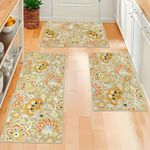 Homcomoda Kitchen Rugs Set of 3 Boho Floral Kitchen Rugs and Mats Non Skid Washable Kitchen Mats for Floor 3 Piece Set Kitchen Carpet Runner for Kitchen Sink,Laundry,Hallway