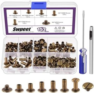 Swpeet 152Pcs M5x5mm, 6mm, 8mm, 10mm, 12mm Bronze Screws Leather Rivets Assorted with Hole Punch and Screwdriver, Round Flat Head Stud Screw for DIY Leather Craft and Bookbinding