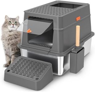 HiHloy Enclosed Stainless Steel Cat Litter Box with Lid, Extra Large Metal Litter Pan Tray with High Wall Sides, Large Scoop Holder, Sloping Pedal, Non-Sticky, Anti-Leakage, Easy Cleaning