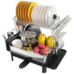 romision Dish Drying Rack, 304 Stainless Steel Large Dish Drainer Rack with Swivel Spout, Draining Board Rack for Kitchen Sink with Utensil Holder, Cup Rack, Wine Glass Holder, Silver