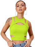 Uptownie Lite Womens's Sleeveless Stretchable Ribbed Top with Front Cut Outs (Neon Green,XL)