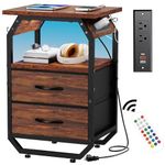 runjuly LED Night Stand - Bedroom Nightstand with Charging Station, Sturdy Bed Side Table with Fabric Drawers, Rustic Brown End Table with Storage & Hooks, Ideal Bedside Night Table for Bedroom, Dorm