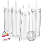 Skinny TUMBLERS 4 Clear Acrylic Tumblers with Lids and Straws | 16oz Double Wall Clear Plastic Tumblers + Free Straw Cleaner & Name Tags! Bulk Reusable Cups with Straw - Insulated Tumbler