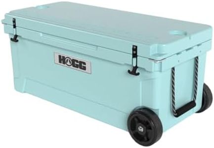 Ice Cooler with Wheels and Handle - 110qt Marina Mist, Wheeled Cooler, Insulated Ice Chest with Wheels and Handle for Fishing and Camping with Dry Storage, Bottle Openers, and Cupholders