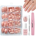 DMQ French Tip Press On Nails, 240Pcs Square French False Nails Short, Nude Color Stick on Nails with Glue, Full Cover Glue on Nail Tips for Women Girls French Nail Art Decorations