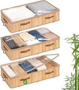 Livole 3 Pack Bamboo Under Bed Storage with Wheels, 6 inches Underbed Storage Containers, 56L XXL Rolling Under Bed Storage Bins with Clear Lid & Label for Clothes, Blankets, Sweater, Shoes