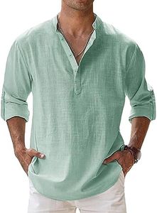 Men's Cotton Linen Henley Shirt Male Long Sleeve Casual Beach T Shirts Man Slim Fit Lightweight Vacation Button Tee (Large,Light Green)