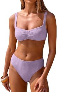 ANRABESS Womens Bikini Sets Two Piece Swimsuit Ribbed Front Ruched Mid Waisted Bathing Suit Color Block 2026 Beach Swimwear Purple L