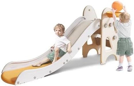 Toddler Slide,Kids Slide,Freestanding Slides for Age 1+ Outdoor or Indoor Play with Basketball Hoop,Extra Long Slipping Slope,Easy to Store, Safe Toy for Toddler,Kids (White Yellow, Geometric)