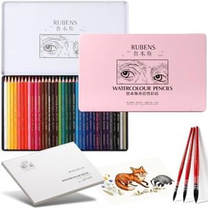 rubens Watercolor Pencils Kit, 36 Soft Core Colored Pencils with 3 Pcs Watercolor Paint Brushes and 20 Sheets of 140lb/300gsm White Watercolor Paper 5.3” x7.6” Hot Pressed