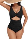 AI'MAGE Women's One Piece Swimsuit High Waisted Bathing Suit Cutout Monokini V Neck Swimwear, Black, Large