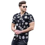 Men's Polyester Lycra 4-Way Stretch Printed Shirt: Short Sleeve Comfort for Casual & Active Wear - Perfect for Leisure, Travel & Beach - Trendy Style (L, BLACK)