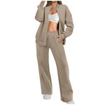 Tracksuit Womens Full Set 2 Piece Outfits 2024 Fall Winter Zip Up Sweatshirt Jacket and Wide Straight Leg Pants with Pockets Lounge Wear Sets Ladies Tracksuit Sets Leisure Suits Gym Activewear Khaki