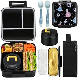 JXXM Bento Lunch Box for Kids with 8oz Soup Thermo,Leak-Proof Lunch Containers with 5 Compartment,Thermo Food Jar and Lunch Bag, Food Containers for School (A-Black(Circumnavigate Space))