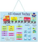 Navaris Kids Magnetic Calendar - Daily Learning Sticker Magnet Chart with Weather, Date, Month, Day, Season for Children - Blue Train Design, English