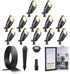 Gardenreet Black Solid Brass 12V LED Landscape Lighting Kit (12-Pack Spotlights) with 300W Low Voltage Transformer & Mechanical Timer & 250FT Wire & 50Pack Connectors for Outdoor Garden Patio