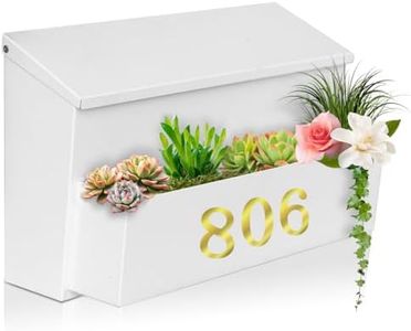 Ydocabinit Wall Mount Mailbox, Large Capacity for House, Outside, with 3 Sets of 0-9 Number Stickers & Flower Planter, Galvanized Steel Rust-Proof Metal Post Drop Box, 15.74"×9.84"×6.41" White