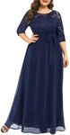 Women's Plus Size Lace Chffon Long Maxi 3/4 Sleeve V-Back Formal Dress, Navy, 24 Plus