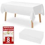 RowinsyDD 8 Pack White Plastic Table Cloths Disposable，54 x 108 Inches Plastic Table Cover for Rectangle Tables，Disposable Tablecloth for Dinning，Parties，BBQ，Wedding，Outdoor