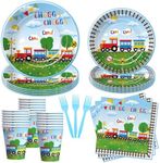 APOWBLS Train Birthday Plates And Napkins Party Supplies Dinnerware, Train Birthday Decorations, Plate, Cup, Napkin, Fork, Train Theme Chugga Choo Party Supplies For 1st 2nd 3rd Birthday | 24 Guests