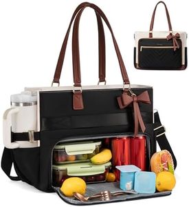 LOVEVOOK Lunch Bag, Tote Bag for Women with Insulated Lunch Compartment, Laptop Bag with Large Capacity & Cup Holder, Work Tote for Teacher, Nurse, Travel, College, Daily, Black-Beige-Brown, 17.3 Inch