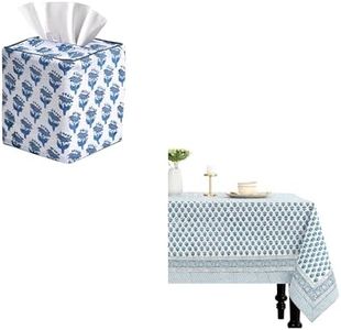 CPC Apatite Blue Dining Decor Bundle – 70x108 Inch Indian Block Print Cotton Tablecloth & Hand Block Printed Cotton Tissue Box Cover, Boho Style for Weddings, Spring/Summer, and Gatherings