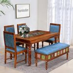 MoonWooden Sheesham Wood 6 Seater Dining Table with Cushioned 4 Chairs and 1 Bench for Home Dining Room Living Room Kitchen Hotel Solid Wooden Six Seater Dining Set (Honey Finish)