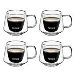 Femora Double Wall Coffee Mug 200ml (7 Ounces), Clear Glass with Handle, Insulated Cappuccino, Tea, Latte Cup - Heat Resistant (Pack of 4)